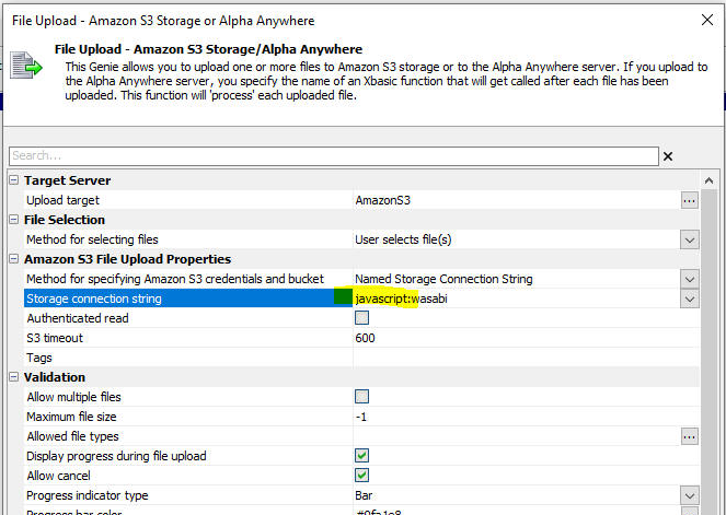 S3File Upload Storage Connection String Javascript